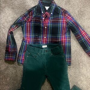 Crewcuts Multicolor Plaid Button Down Shirt with Green Couduroy Pants